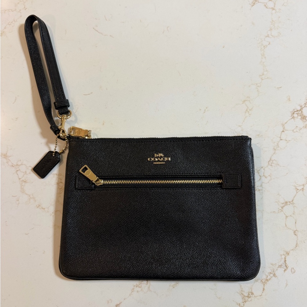 Coach Black Leather Wristlet with Gold-Tone Hardware